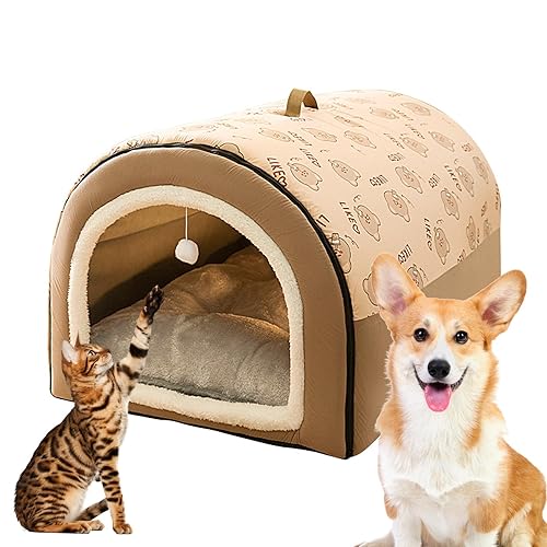 Katzenbetthöhle,2-in-1 abnehmbares, überdachtes Katzenbett mit Kugelanhänger | Überdachtes Katzenversteck, Flanell-Katzennest, warme und Bequeme Hundebetten für große Hunde, waschbare Fecfucy von Fecfucy