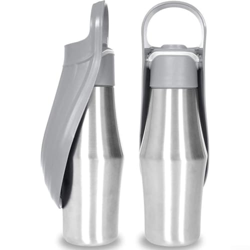 Feegow 750 ml Edelstahl-Wasserflasche für Hunde, tragbarer Reise-Wasserflaschenspender zum Trinken, ideal zum Wandern und Reisen mit Haustieren (grau) von Feegow