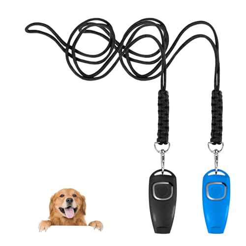 Feelorna 2 Stück Hundepfeife mit Schlüsselband, 2 in 1 Kombinierte Hundepfeifen und Hundeklicker zum Trainieren und Stoppen von Bellen, Hundetrainingspfeifen für Rückruf (Schwarz und Blau) von Feelorna
