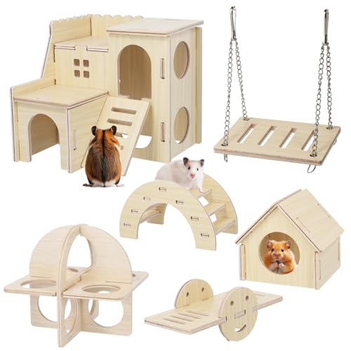 Hamsterspielzeug-Set aus Holz, 6-teiliges Kauspielzeug-Set für Kleintiere, Molarenspielzeug, Langeweile, Käfigzubehör, DIY-Paradiesversteck Regenbogenbrücke, Wippe für kleine Haustiere von Fegat