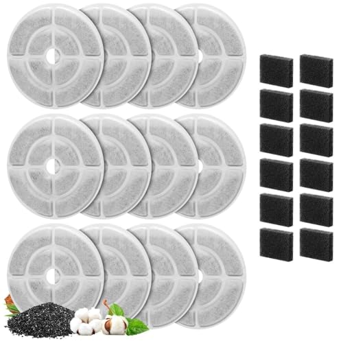 Fegtrtyoa Ersatzfilter für Katzen-Wasserspringbrunnen für 9,5 L (2,5 Gal) Hunde-Wasserspringbrunnen, Aktiviert, Haustier-Wasserfilter und Schwämme 12+12 von Fegtrtyoa