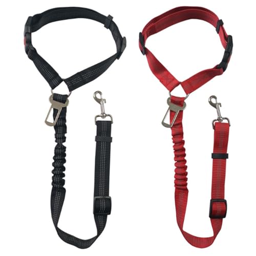 Auto-Sicherheitsgurt für Hunde, mit verstellbarem, strapazierfähigem Nylon und stoßfestem, elastischem Bungee-Puffer (Schwarz und Rot), 2 Stück von FeiFanChoice