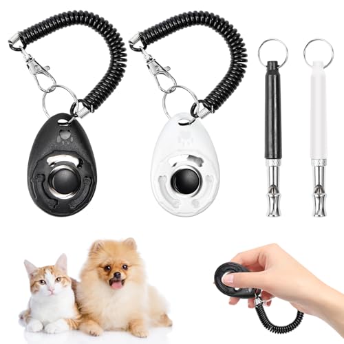 Feirdhoo Hunde Clicker,4 Stück Pet Training Clicker 2*Hundepfeife 2*Hunde Clicker Großem Knopf perfekt für Welpen und Dog Training und Erziehung Auch für Katzen Pferde (Schwarz + Weiß) von Feirdhoo