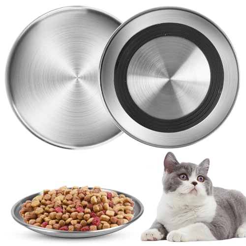Katzennapf, 2 Stück Edelstahl Futternapf Katze Flach mit Rutschfestem Gummiboden, 17cm Anti Whisker Fatigue Katzengeschirr Set für Kätzchen,für Katzen und Kleintiere von Feirdhoo