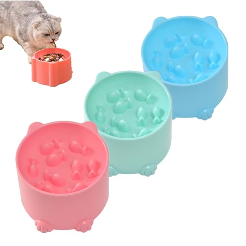 Erhöhte Kunststoff-Slow-Feeder-Schüssel für Katzen - Langsamfress-Bowl geeignet für Trocken - und Feuchtfood (3 Stück-Mischung) von Feizikaw
