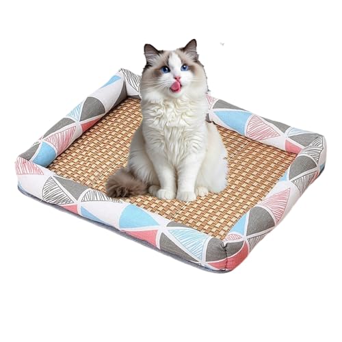 Feizikaw Naturrattan Haustierbettmatte – Haustier-Kühlmatte,Atmungsaktive Sommer-Kühlmatte, gewebt, quadratisch mit Rand, waschbar für Hunde & Katzen​ (B, 40x30cm) von Feizikaw