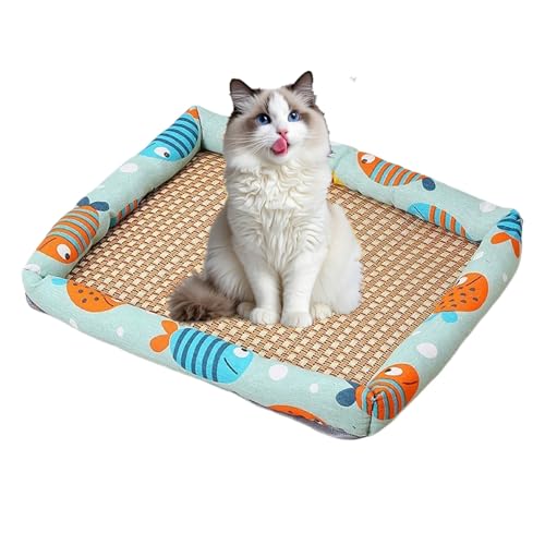 Feizikaw Naturrattan Haustierbettmatte – Haustier-Kühlmatte,Atmungsaktive Sommer-Kühlmatte, gewebt, quadratisch mit Rand, waschbar für Hunde & Katzen​ (C, 75x55cm) von Feizikaw