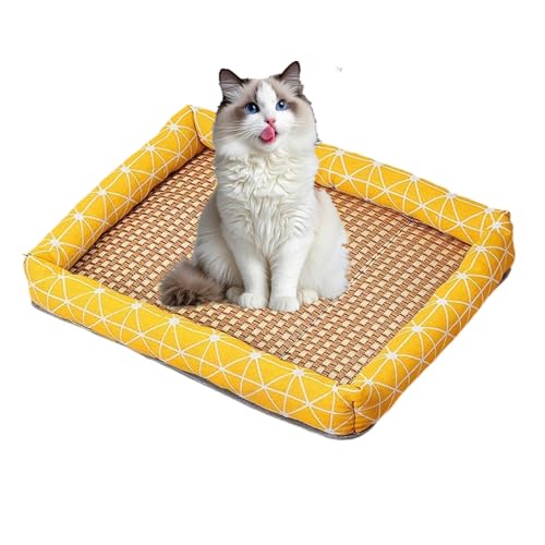 Feizikaw Naturrattan Haustierbettmatte – Haustier-Kühlmatte,Atmungsaktive Sommer-Kühlmatte, gewebt, quadratisch mit Rand, waschbar für Hunde & Katzen​ (E, 60x45cm) von Feizikaw