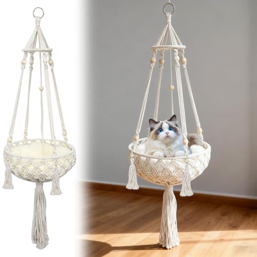 Handgeknüpfte Katzen Hängeschaukel mit Kissen & Aufhängung, Katzenhängebett & Hängematte für gemütliches Schlafen & Entspannen (40CM) von Feizikaw