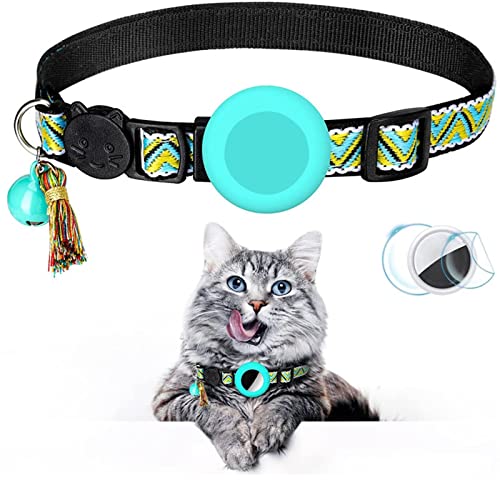 Haustierhalsband Katzenhalsband mit Glöckchen, verstellbare Abreißhalsbänder, Schnalle Silikon-Luftmarkenhalter, kompatibel mit Airtag-Haustierhalsband mit geometrischem Muster (J, One Size) von Feizikaw