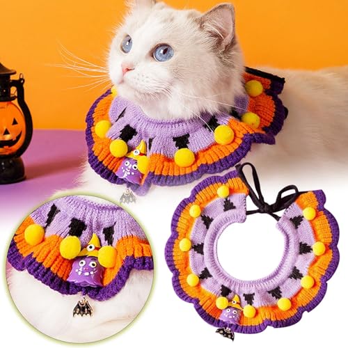 Welpen Halsbänder Halloween-Katzenhalsband, gestrickt, Design, Haustier-Zubehör für drinnen draußen, festlich, bequem, langlebig, Polyester (Orange, 18-30cm) von Feizikaw