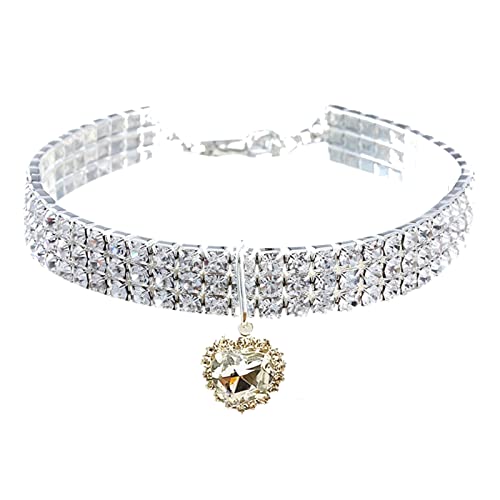 Welpen Halsbänder Set Strass Strass Stretch Halsband Haustierzubehör Katze Hund Halskette DREI Reihen Liebesanhänger (Dark Blue, S) von Feizikaw