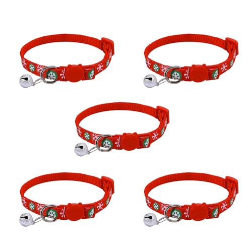Welpenhalsbänder Mit Leine Set Thanksgiving Katzen-/Hundehalsband mit Glöckchen, 5 Packungen, Breakaway für, Weihnachten, weich, verstellbar, Weihnachten mit Entriegelungsschnalle (Red, One Size) von Feizikaw