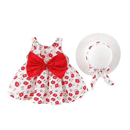 Felenny Baby Mädchen Erdbeere Romper Rüschen Body Erdbeere Gedruckt Ärmelloses Bowknot Kleid mit Stroh Hut für Mädchen 8 Monate zu 3 Jahre Alt von Felenny