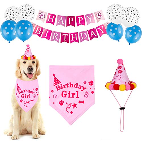 Felenny Hund Geburtstag Party Set Hund Geburtstag Bandana Hund Geburtstag Hut Schals Flagge Ballon für Geburtstag Partei Liefert Dekorationen (Rosa) von Felenny