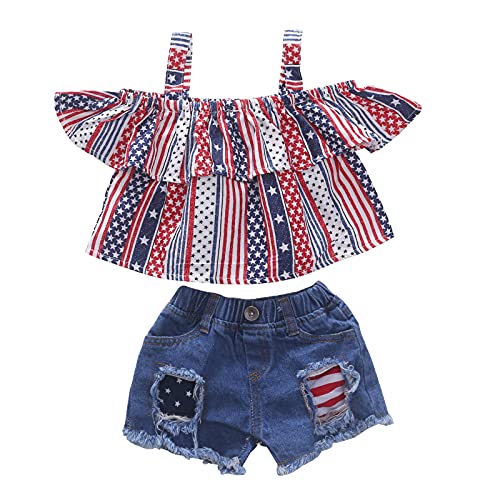Felenny Kleinkind Baby Mädchen Kleidung Mädchen Sommer Outfit 2Pcs Off Schulter Strap Hemd Ripped Shorts für 1-6 Jahre Alt von Felenny