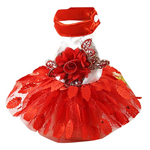 Felenny Pet Kleid Niedlichen Kleid mit Hund Welpen Blume Blätter Mesh Tutu Hochzeit Kleid für Welpen Kleine Hunde (Rot) von Felenny