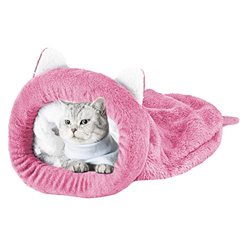 Katze Schlafsack Haustier Bett Katze Warm Gemütlich Bedeckt Selbsterwärmenden Kuschelsack Halb Überdachte Höhle für Katzen Welpen (L, Rosa) von Felenny