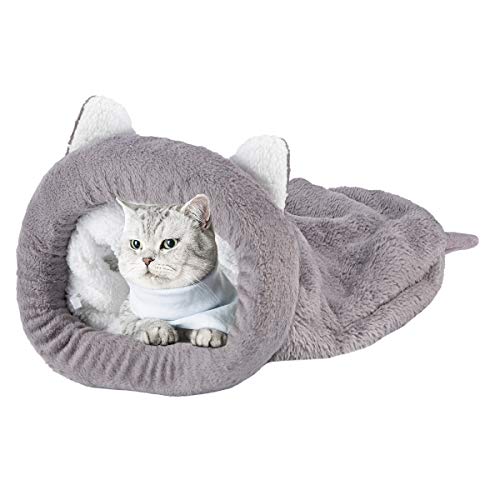 Katze Schlafsack Haustier Bett Katze Warm Gemütlich Bedeckt Selbsterwärmenden Kuschelsack Halb Überdachte Höhle für Katzen Welpen (M, Grau) von Felenny