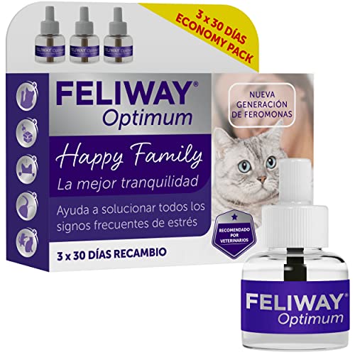 FELIWAY Optimum – Neue Pheromona-Generation – Lösung Aller Katzen-Stress-Zeichen – Kratzer, Ängste, Veränderungen, Markierung mit Urin und Konflikten zwischen Katzen, 3 Nachfüllpackungen à 48 ml von FELIWAY