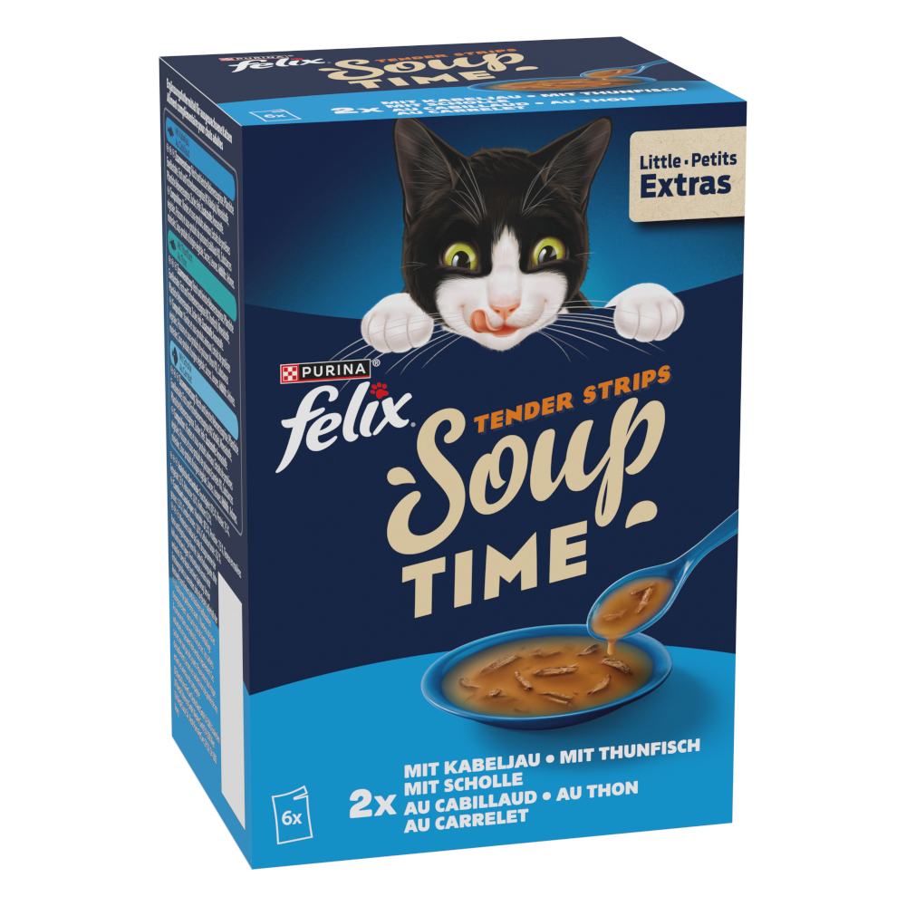 18 + 6 gratis! 24 x 48 g Felix Soup Time - Tender Strips: Geschmacksvielfalt aus dem Wasser 18 + 6 gratis! 24 x 48 g Felix Soup Time - Tender Strips: Geschmacksvielfalt aus dem Wasser von Felix
