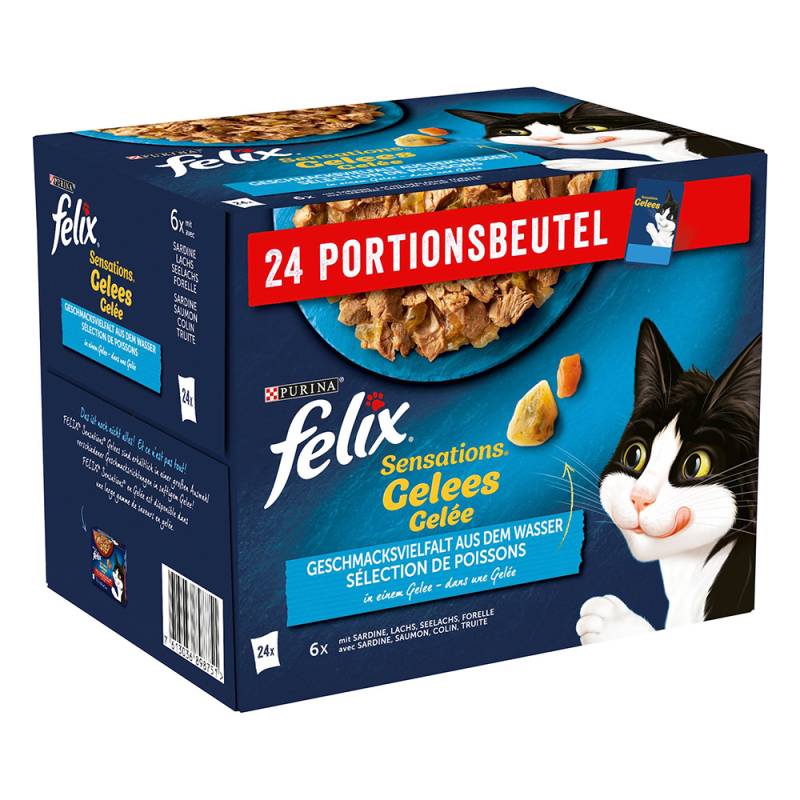 38 + 10 gratis! 48 x 85 g Felix Nassfutter - "Sensations" Geschmacksvielfalt aus dem Wasser in Gelee von Felix