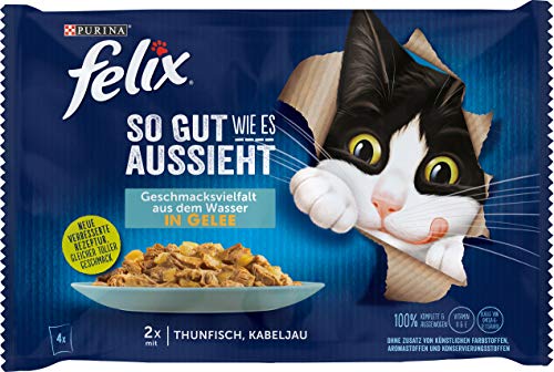 FELIX Katzennassfutter So gut wie es aussieht in Gelee Geschmacksvielfalt aus dem Wasser (mit Thunfisch und Kabeljau), 12er Pack (12 x 4 x 85g) von Felix