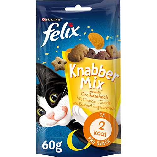 FELIX KnabberMix Dreikäsehoch Katzensnack, Knusper-Leckerlie mit Käsegeschmack, 8er Pack (8 x 60g) von Felix