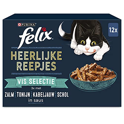 FELIX Köstliche Streifen Fischauswahl Katzenfutter, Nassfutter mit Lachs, Thunfisch, Kabeljau, Scholle in Sauce; 12 x 80g - 4er Karton (48 Portionsbeutel; 3,84kg) von Felix