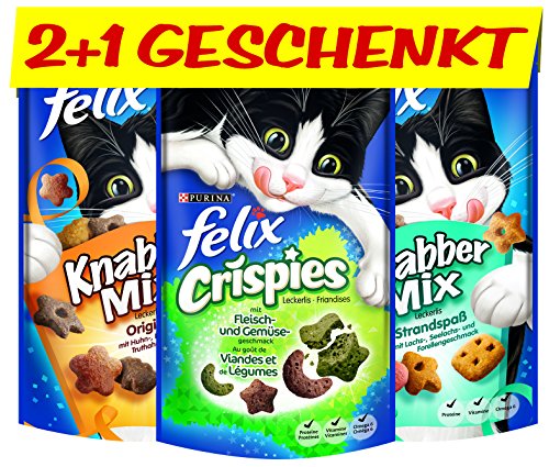 FELIX Leckerlis: 2 KnabberMix und 1 Crispies (gratis), vitaminreich, Menge: 6er Pack 6*(2*60g+1*45g gratis) von Felix