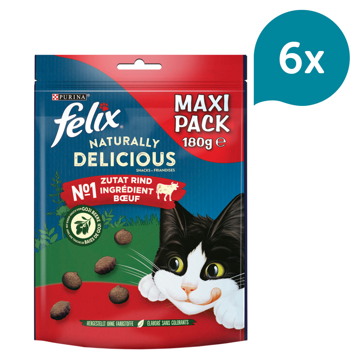 FELIX Naturally Delicious Katzensnack mit Rind & Goji Beeren 6x180g von Felix