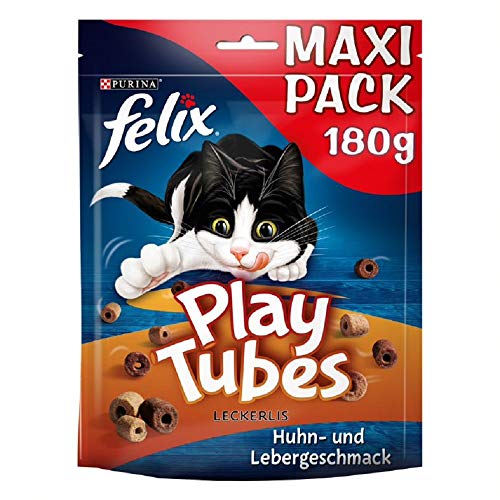 FELIX Play Tubes Katzensnack, Leckerli zum Spielen, mit Huhn- & Lebergeschmack, 5er Pack (5 x 180g) von FELIX