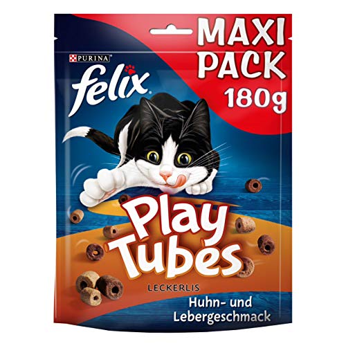 FELIX Play Tubes Katzensnack, Leckerli zum Spielen, mit Huhn- & Lebergeschmack, 5er Pack (5 x 180g) von Felix