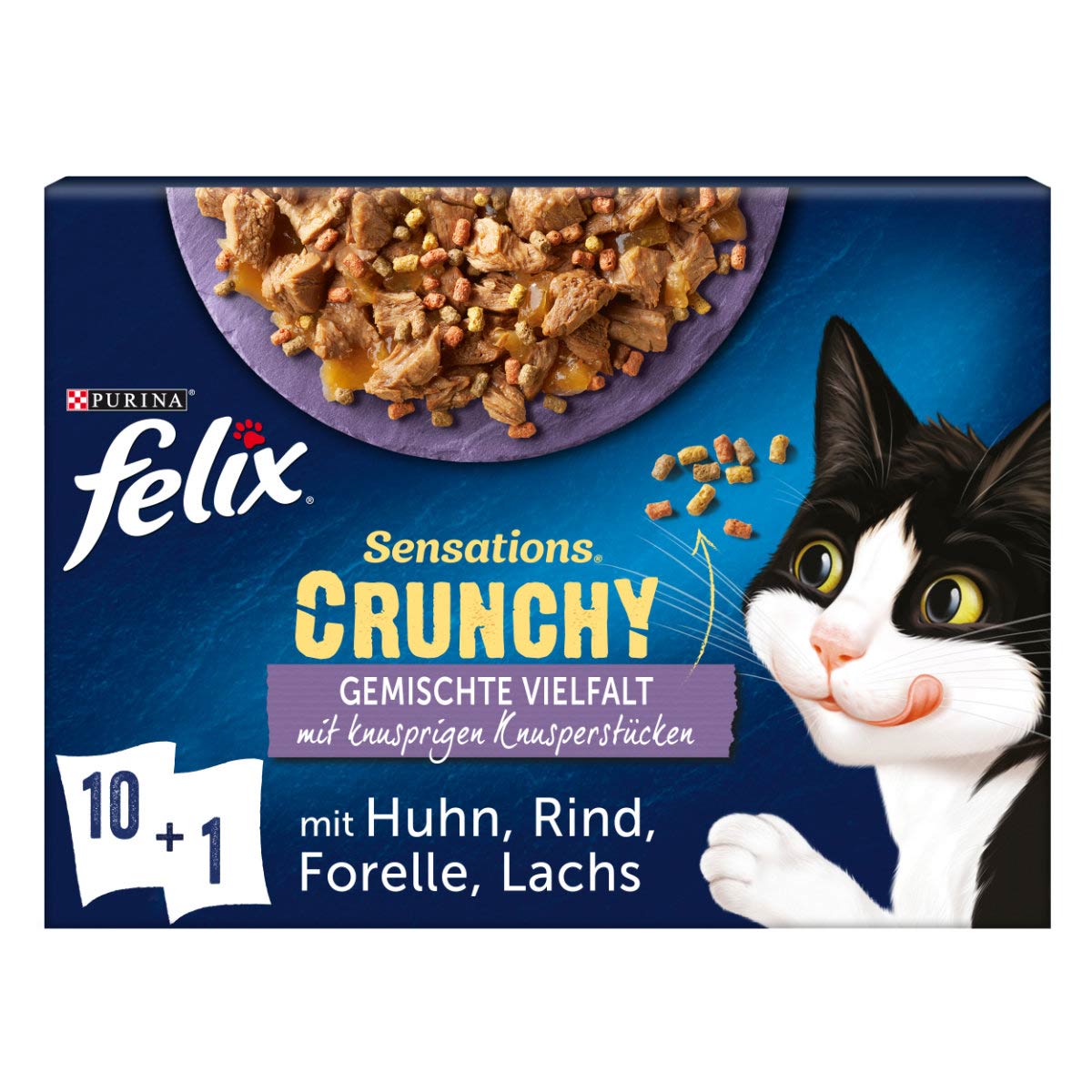 FELIX Sensations Crunchy Geschmacksvielfalt mit Gemüse 10x85g + 1x40g Knusperstückchen von Felix