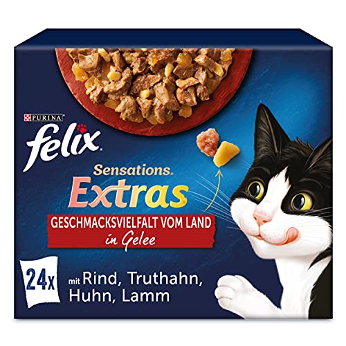 FELIX Sensations Extras Katzenfutter nass in Gelee, Sorten-Mix, 4er Pack (4 x 24 Beutel à 85g) von Felix