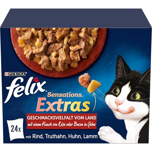 FELIX Sensations Extras Katzenfutter nass in Gelee, Sorten-Mix, 4er Pack (4 x 24 Beutel à 85g) von Felix