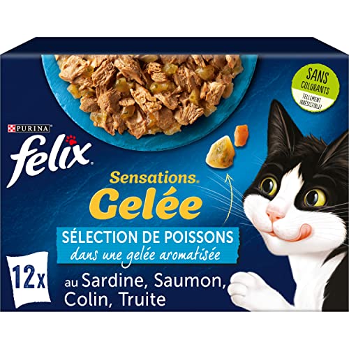 FELIX Sensations Gelee | ausgewachsene Katze | Aromatisiertes Gelee | Fischauswahl | 12 x 85 g | 1,02 kg | Frischebeutel von Felix