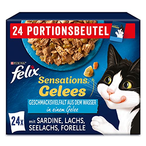 FELIX Sensations Gelees Katzenfutter nass in Gelee, Fisch Sorten-Mix, 4er Pack (4 x 24 Beutel à 85g) von FELIX