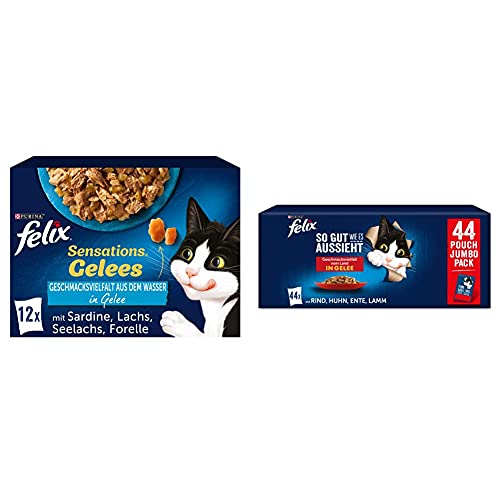 FELIX Sensations Gelees & So gut wie es aussieht Katzenfutter nass in Gelee, Fisch & Land Sorten-Mix, 6er & 44er Pack (72 & 44 x 85g Beutel) von Felix