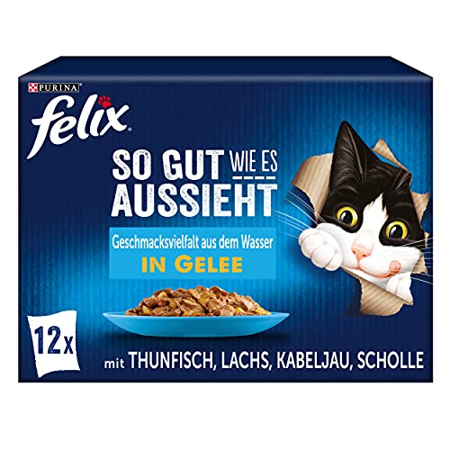 FELIX So gut wie es aussieht Katzenfutter nass in Gelee, Fisch Sorten-Mix, 6er Pack (6 x 12 Beutel à 85g) von Felix