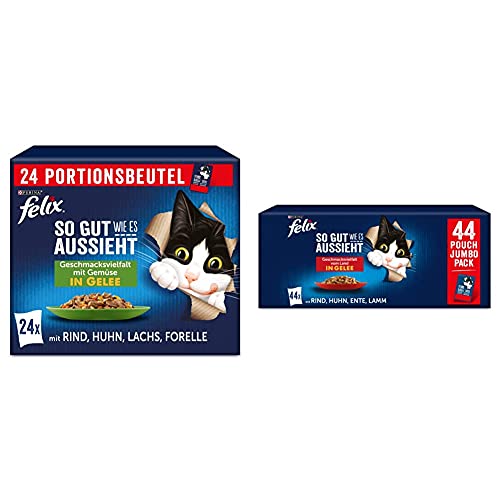 FELIX So gut wie es aussieht Katzenfutter nass in Gelee, Sorten-Mix, 4er Pack (4 x 24 Beutel à 85g) & So gut wie es aussieht Katzenfutter nass in Gelee, Sorten-Mix, 44er Pack (44 x 85g) von Felix