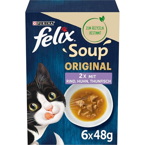 FELIX Soup, Suppe für Katzen mit zarten Stückchen, Sorten-Mix, 8er Pack (8 x 6 Beutel à 48g) von Felix