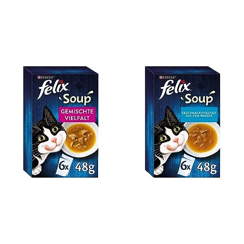 FELIX Soup, Suppe für Katzen mit zarten Stückchen, Sorten-Mix & Soup, Suppe für Katzen mit zarten Stückchen, Geschmacksvielfalt aus dem Wasser, 8er Pack (8 x 6 Beutel à 48g) von Felix