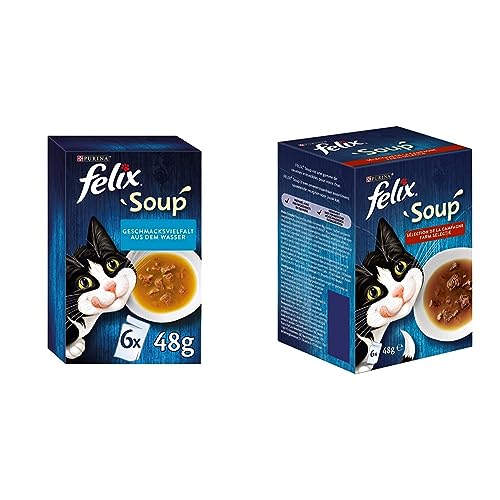 FELIX Soup, Suppe für Katzen mit zarten Stückchen & Soup, Suppe für Katzen mit zarten Stückchen, Geschmacksvielfalt vom Land, 8er Pack (8 x 6 Beutel à 48g) von Felix