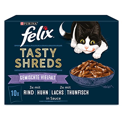 FELIX Tasty Shreds Geschmacksvielfalt Katzennassfutter Mix 10x80g Portionsbeutel von Felix