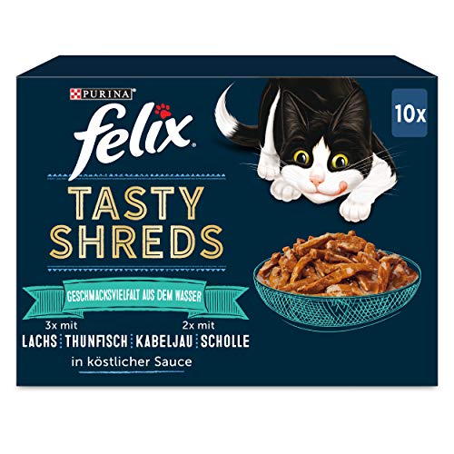 FELIX Tasty Shreds Katzenfutter nass in Sauce, Geschmacksvielfalt aus dem Wasser, 6er Pack (6 x 10 x 80g) von FELIX