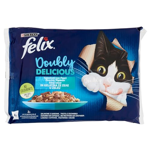 Felix, Purina Le Ghiottonerie Doubly Delicious Nassfutter für Katzen mit Lachs und Sardinen, Forelle Sg für Herren, Makrele, 4 Stück Packung mit 1 Stück Felix, Purina Le Ghiottonerie Doubly Delicious Nassfutter für Katzen mit Lachs und Sardinen, Forelle Sg für Herren, Makrele, 4 Stück Packung mit 1 Stück von Felix