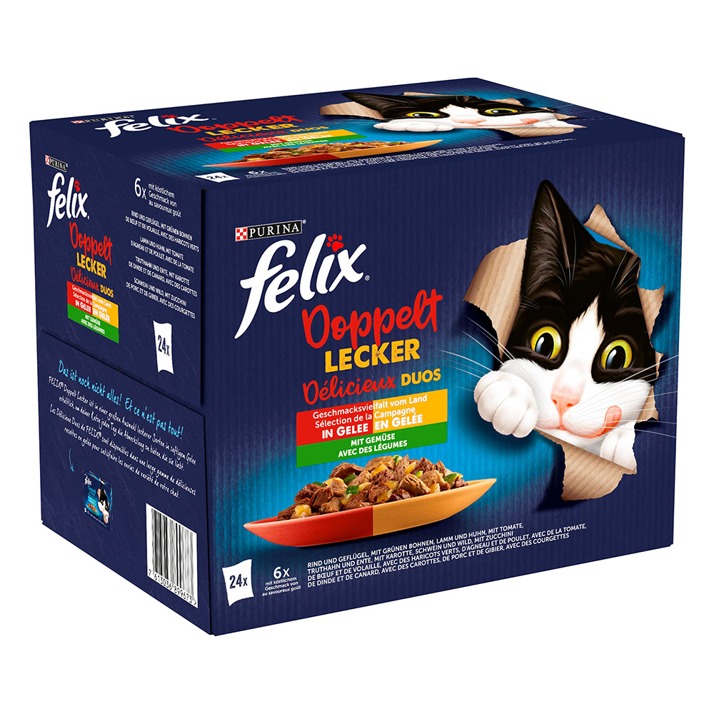 Felix "Doppelt lecker - so gut wie es aussieht" Pouches 24 x 85 g - Rind & Geflügel, Lamm & Huhn, Truthahn & Ente, Schwein & Wild mit Gemüse von Felix