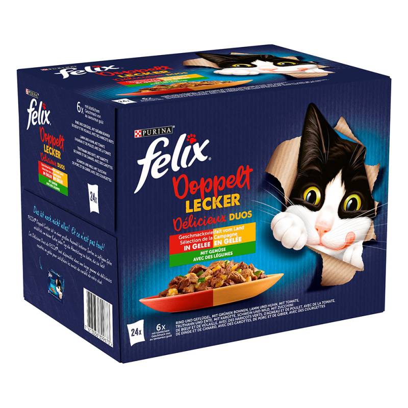 Felix "Doppelt lecker - so gut wie es aussieht" Pouches 24 x 85 g - Rind & Geflügel, Lamm & Huhn, Truthahn & Ente, Schwein & Wild mit Gemüse von Felix