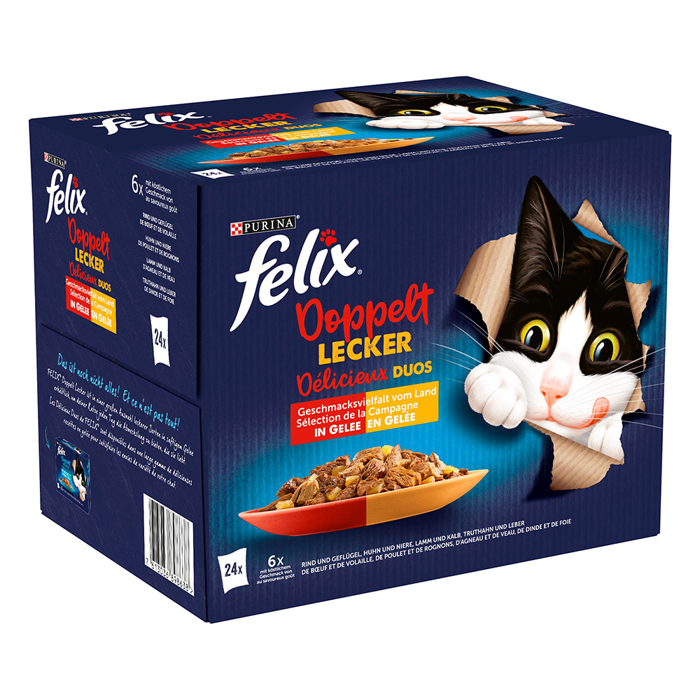 Felix "Doppelt lecker - so gut wie es aussieht" Pouches 24 x 85 g - Rind & Geflügel, Lamm & Kalb, Huhn & Niere, Truthahn & Leber Felix "Doppelt lecker - so gut wie es aussieht" Pouches 24 x 85 g - Rind & Geflügel, Lamm & Kalb, Huhn & Niere, Truthahn & Leber von Felix